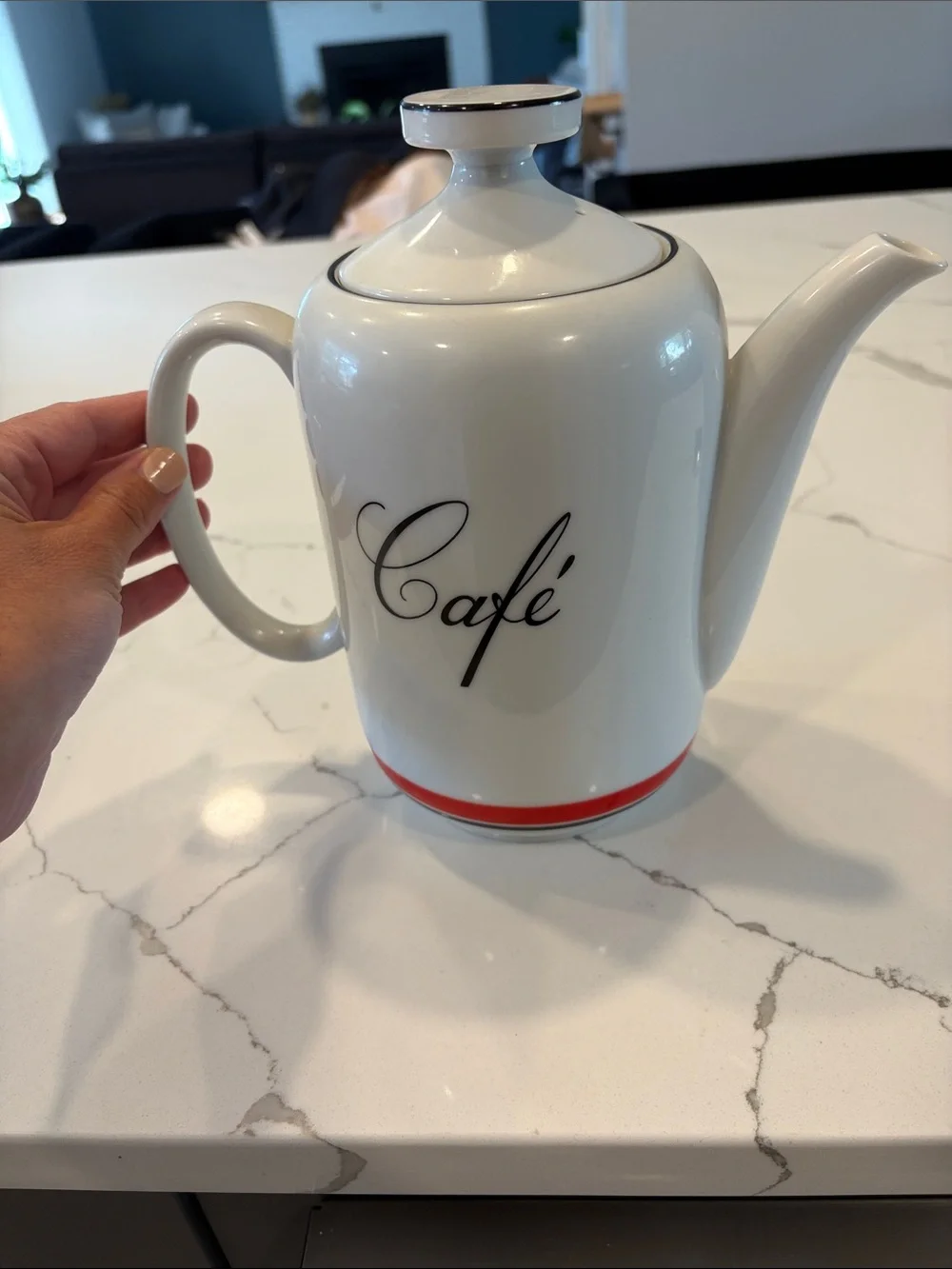 Vintage Bon Appetite White Ceramic Coffee Pot with Red Accent